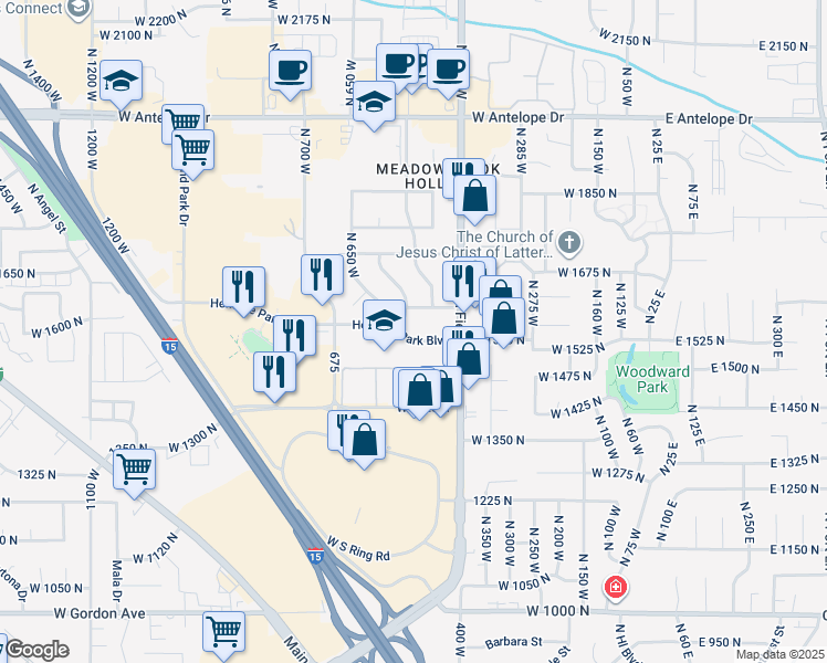map of restaurants, bars, coffee shops, grocery stores, and more near 449 Forbes Avenue West in Layton