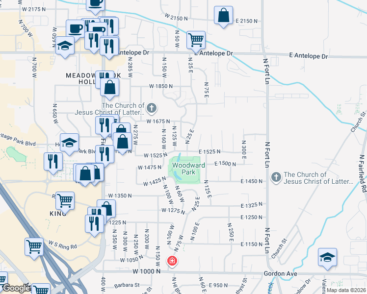 map of restaurants, bars, coffee shops, grocery stores, and more near 1622 North 25 East in Layton