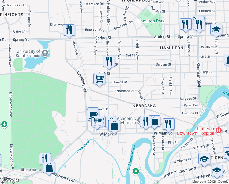 map of restaurants, bars, coffee shops, grocery stores, and more near 1020 Runnion Avenue in Fort Wayne