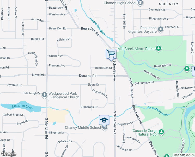 map of restaurants, bars, coffee shops, grocery stores, and more near 2882 Decamp Road in Youngstown