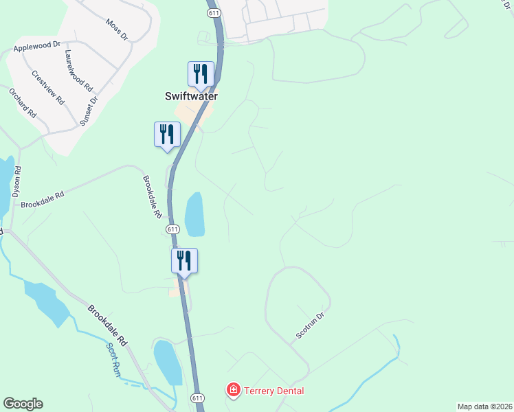 map of restaurants, bars, coffee shops, grocery stores, and more near 23 Lake Dr in Swiftwater