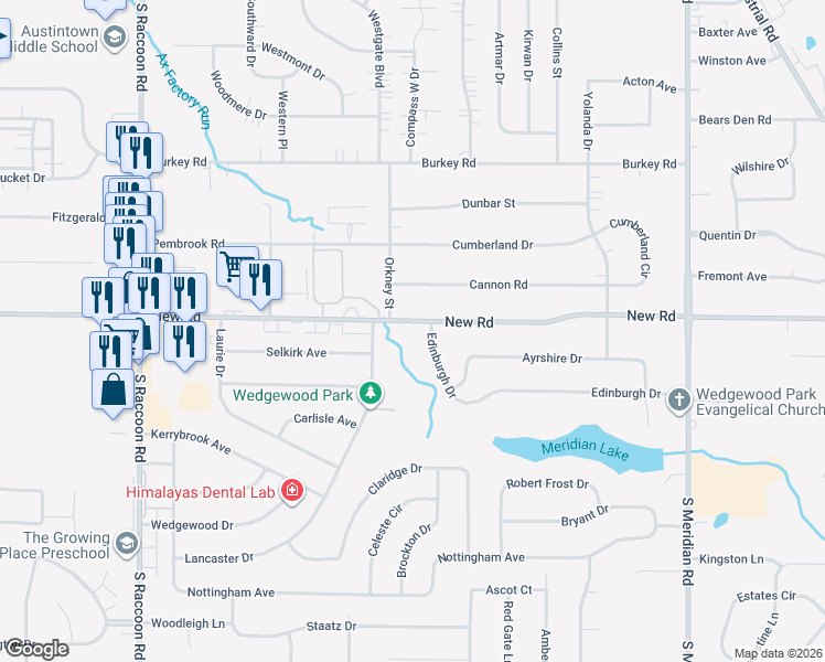 map of restaurants, bars, coffee shops, grocery stores, and more near 3968 New Road in Youngstown