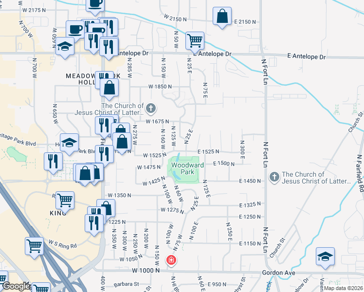 map of restaurants, bars, coffee shops, grocery stores, and more near 1606 North 25 East in Layton