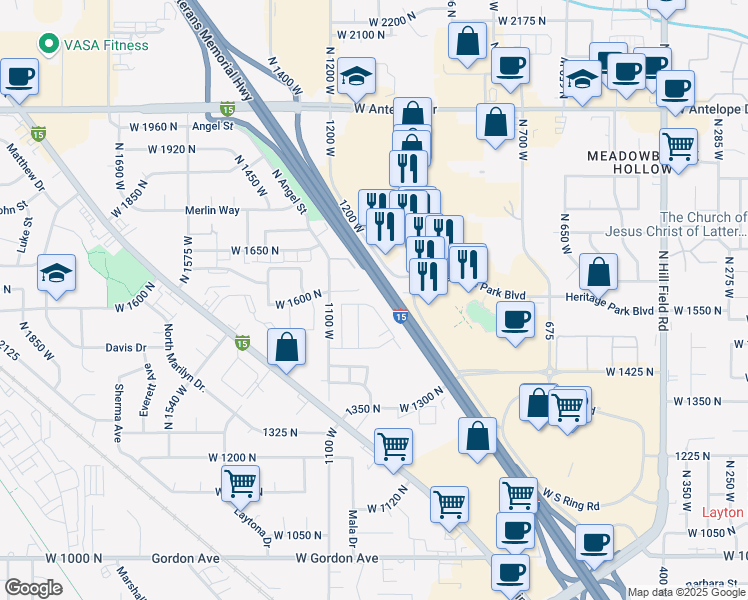 map of restaurants, bars, coffee shops, grocery stores, and more near 1140 West 1600 North in Layton
