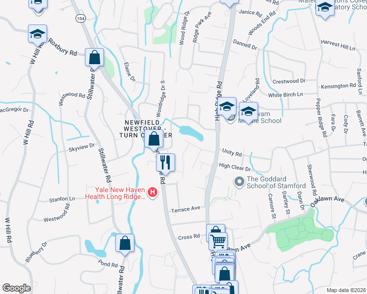 map of restaurants, bars, coffee shops, grocery stores, and more near 134 Brook Run Lane in Stamford