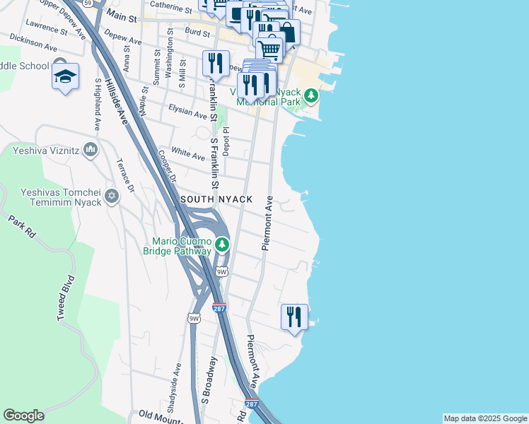 map of restaurants, bars, coffee shops, grocery stores, and more near 12 Voorhis Point in Nyack