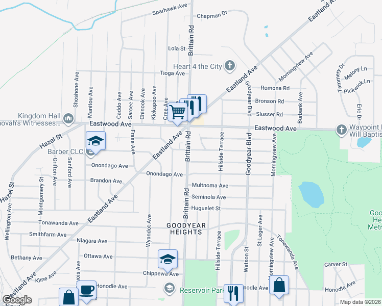 map of restaurants, bars, coffee shops, grocery stores, and more near 1441 Osage Avenue in Akron