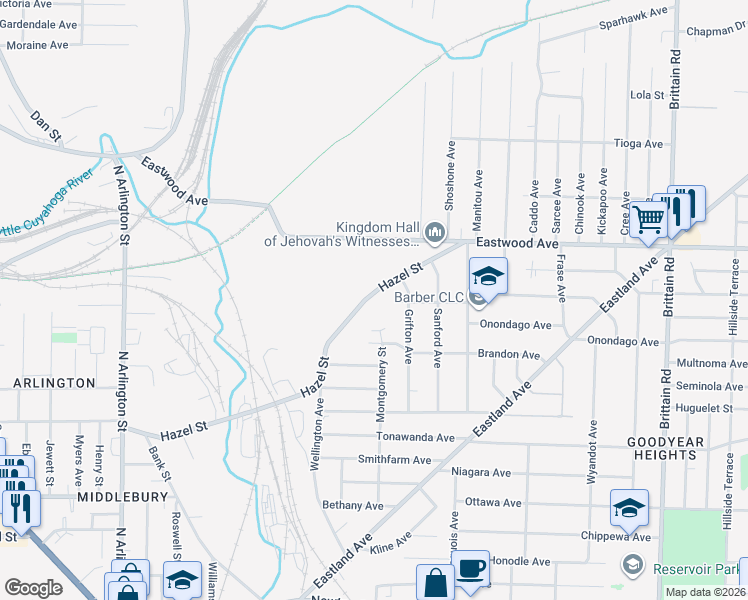 map of restaurants, bars, coffee shops, grocery stores, and more near 1196 Hazel Street in Akron