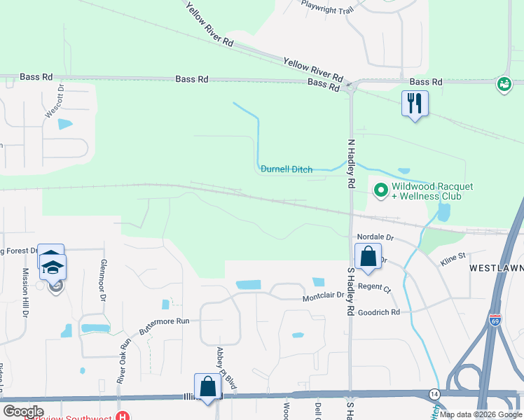 map of restaurants, bars, coffee shops, grocery stores, and more near 7600-7798 Vicksburg Pike in Fort Wayne