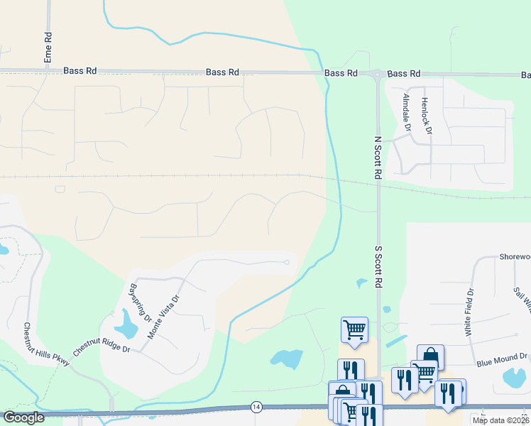 map of restaurants, bars, coffee shops, grocery stores, and more near 10610-10620 Monte Vista Court in Fort Wayne