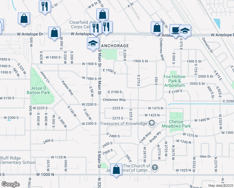 map of restaurants, bars, coffee shops, grocery stores, and more near 128 East 2100 South in Clearfield