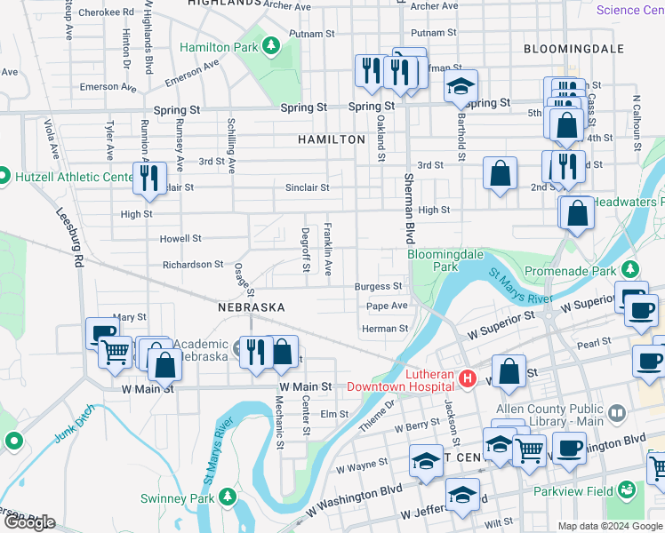 map of restaurants, bars, coffee shops, grocery stores, and more near 1030 Franklin Avenue in Fort Wayne