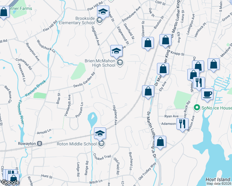 map of restaurants, bars, coffee shops, grocery stores, and more near 8 Highland Court in Norwalk