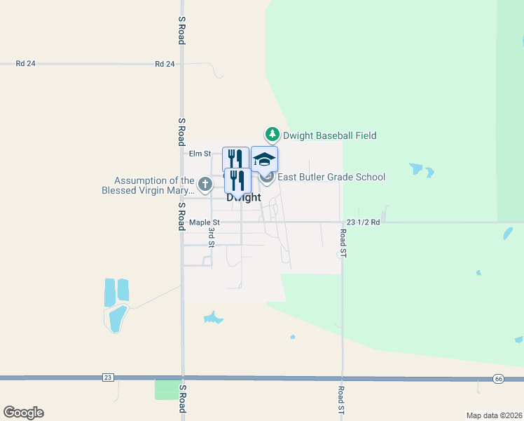 map of restaurants, bars, coffee shops, grocery stores, and more near 182 1st Street in Dwight