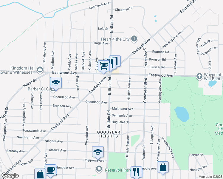map of restaurants, bars, coffee shops, grocery stores, and more near 1441 Osage Avenue in Akron