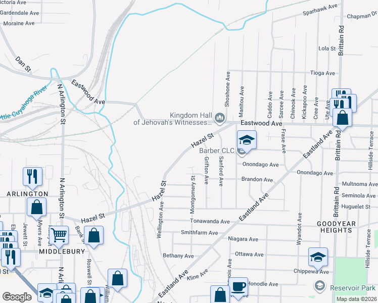 map of restaurants, bars, coffee shops, grocery stores, and more near 1196 Hazel Street in Akron