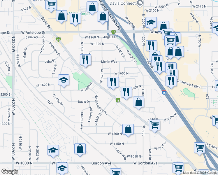 map of restaurants, bars, coffee shops, grocery stores, and more near 1590 North Main Street in Layton