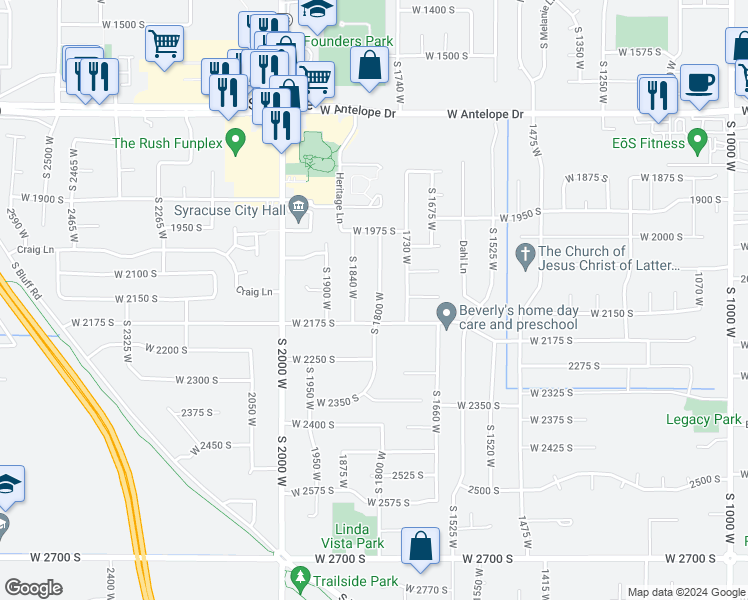 map of restaurants, bars, coffee shops, grocery stores, and more near 2128 South 1800 West in Syracuse