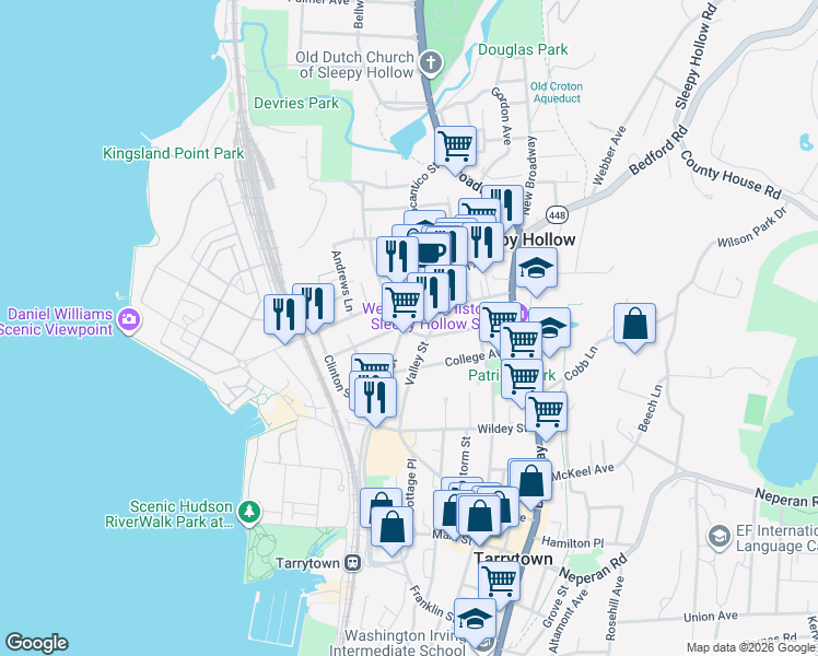 map of restaurants, bars, coffee shops, grocery stores, and more near 177 Cortlandt Street in Sleepy Hollow