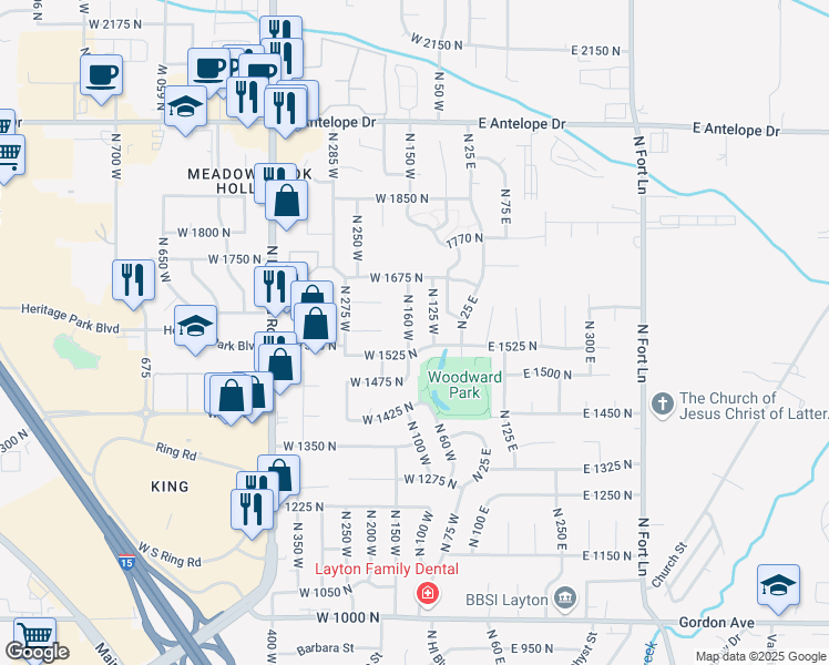 map of restaurants, bars, coffee shops, grocery stores, and more near 1566 North 160 West in Layton