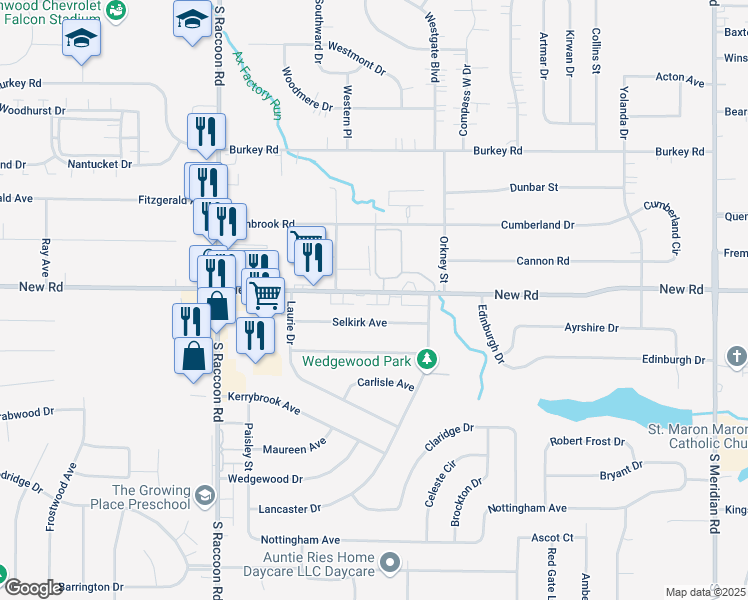 map of restaurants, bars, coffee shops, grocery stores, and more near 4177 New Road in Youngstown