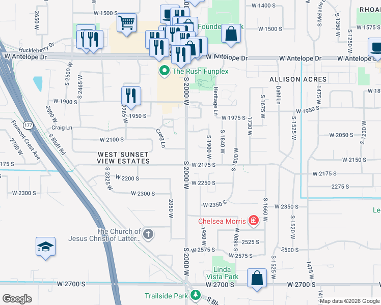 map of restaurants, bars, coffee shops, grocery stores, and more near 2092 South 2000 West in Syracuse