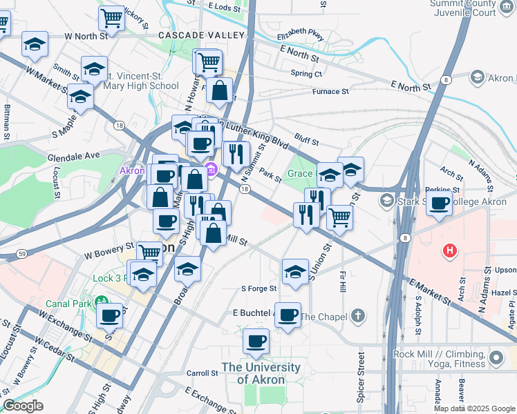 map of restaurants, bars, coffee shops, grocery stores, and more near 168 East Market Street in Akron