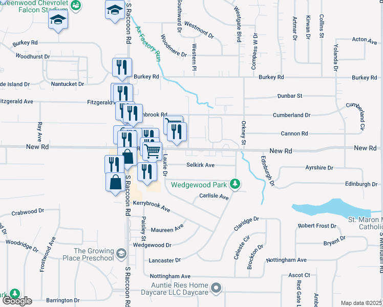 map of restaurants, bars, coffee shops, grocery stores, and more near 4227 New Road in Youngstown