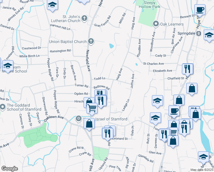 map of restaurants, bars, coffee shops, grocery stores, and more near 227 Belltown Road in Stamford