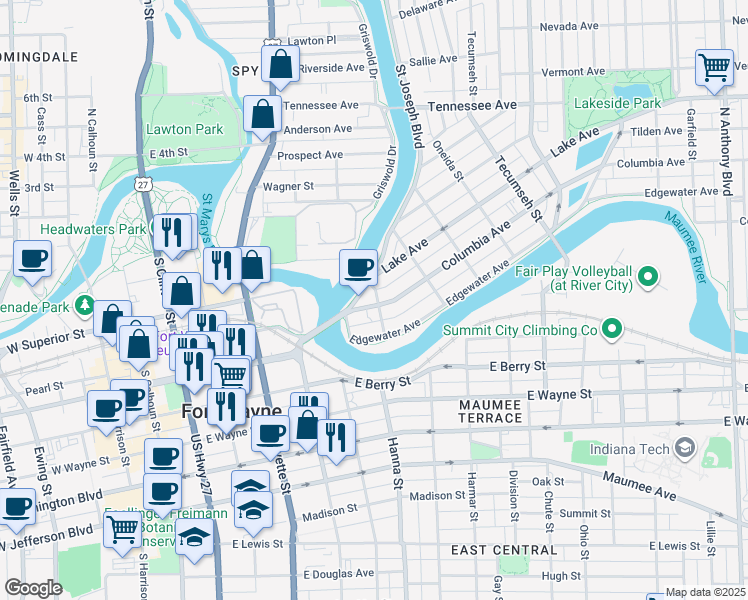 map of restaurants, bars, coffee shops, grocery stores, and more near 729 Columbia Avenue in Fort Wayne