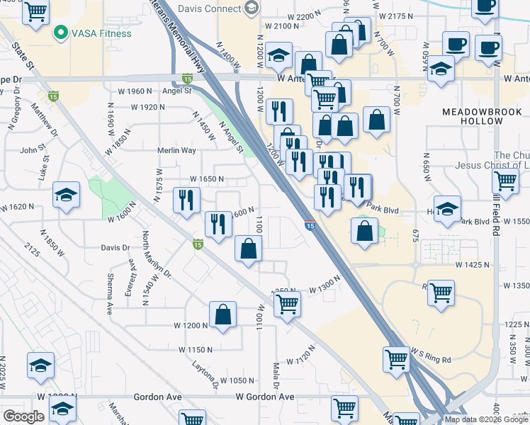 map of restaurants, bars, coffee shops, grocery stores, and more near 1193 West 1600 North in Layton