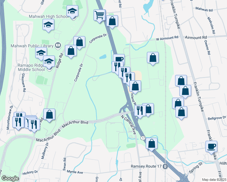 map of restaurants, bars, coffee shops, grocery stores, and more near 325 Corporate Drive in Mahwah