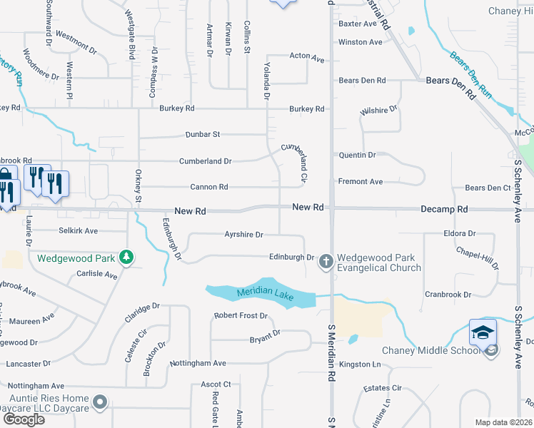 map of restaurants, bars, coffee shops, grocery stores, and more near 3803 New Road in Youngstown