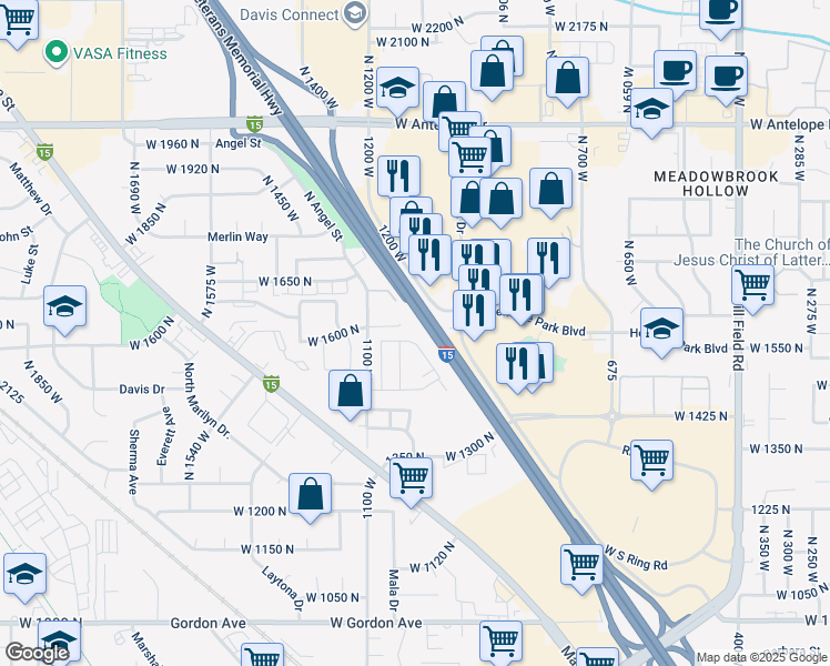 map of restaurants, bars, coffee shops, grocery stores, and more near 1140 West 1600 North in Layton