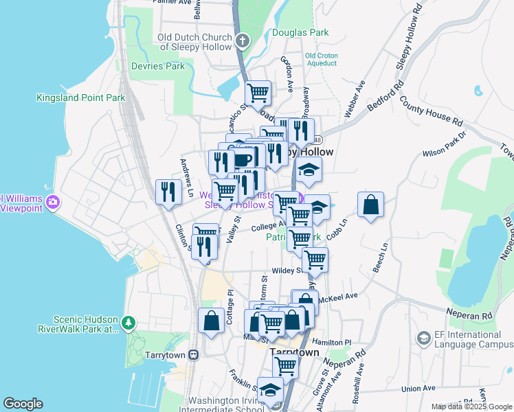 map of restaurants, bars, coffee shops, grocery stores, and more near 185 Valley Street in Sleepy Hollow