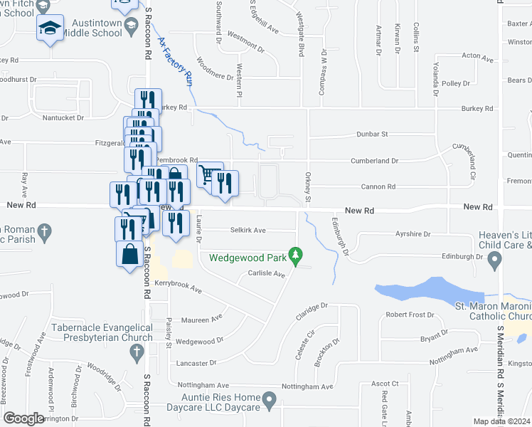 map of restaurants, bars, coffee shops, grocery stores, and more near 4176 New Road in Austintown