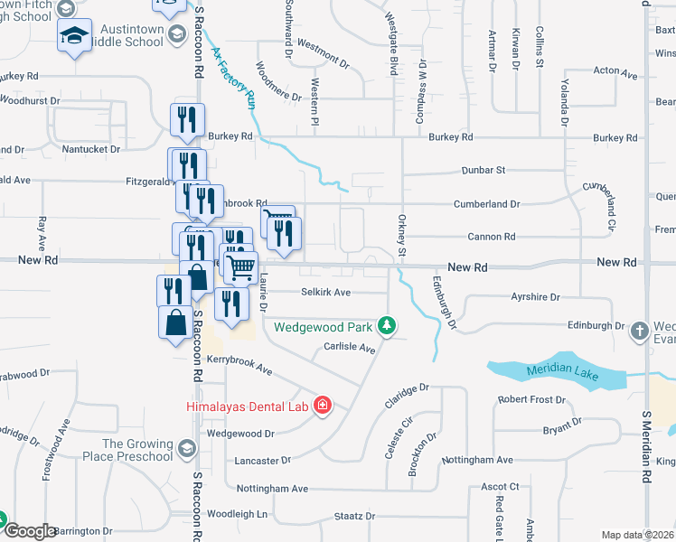map of restaurants, bars, coffee shops, grocery stores, and more near 4176 New Road in Austintown