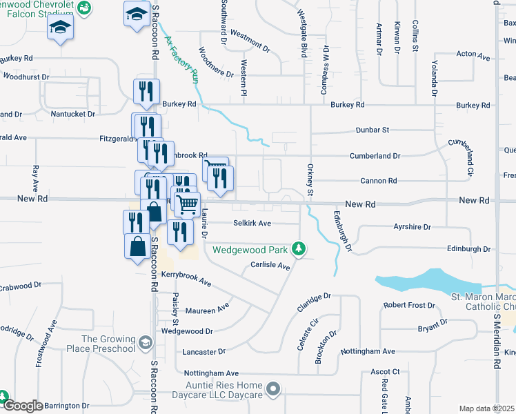 map of restaurants, bars, coffee shops, grocery stores, and more near 4176 New Road in Austintown