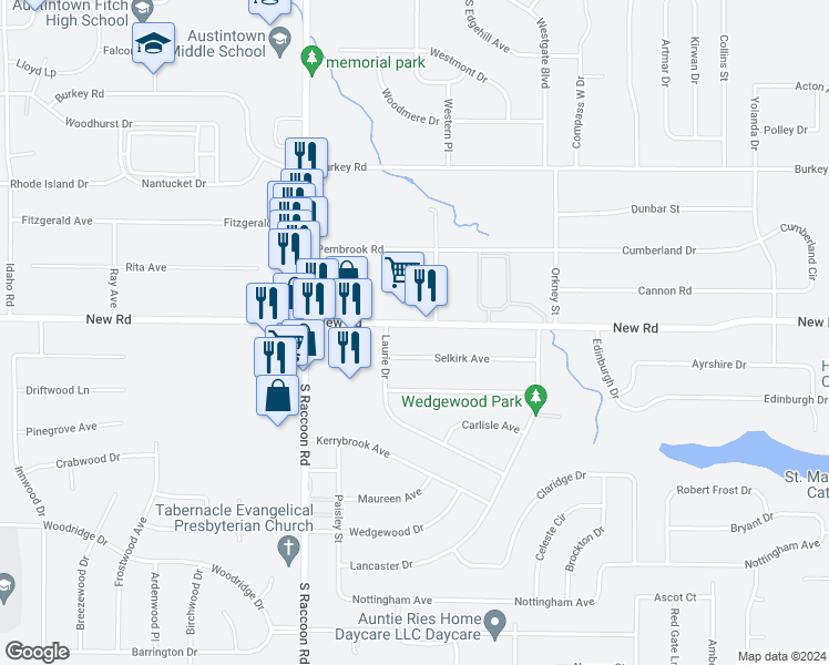 map of restaurants, bars, coffee shops, grocery stores, and more near 4273 New Road in Youngstown