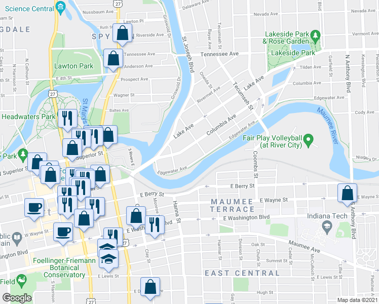 map of restaurants, bars, coffee shops, grocery stores, and more near 850 Columbia Avenue in Fort Wayne