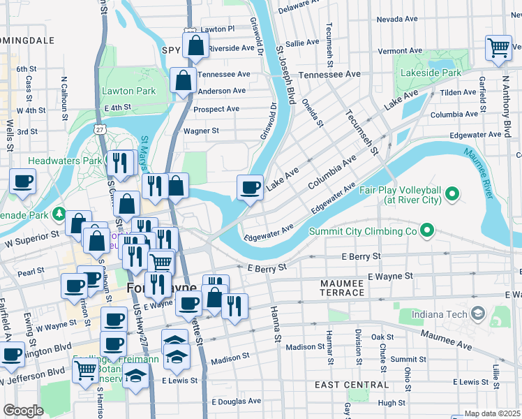 map of restaurants, bars, coffee shops, grocery stores, and more near 819 Columbia Avenue in Fort Wayne