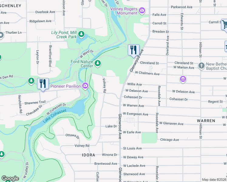 map of restaurants, bars, coffee shops, grocery stores, and more near 734 Cohasset Drive in Youngstown