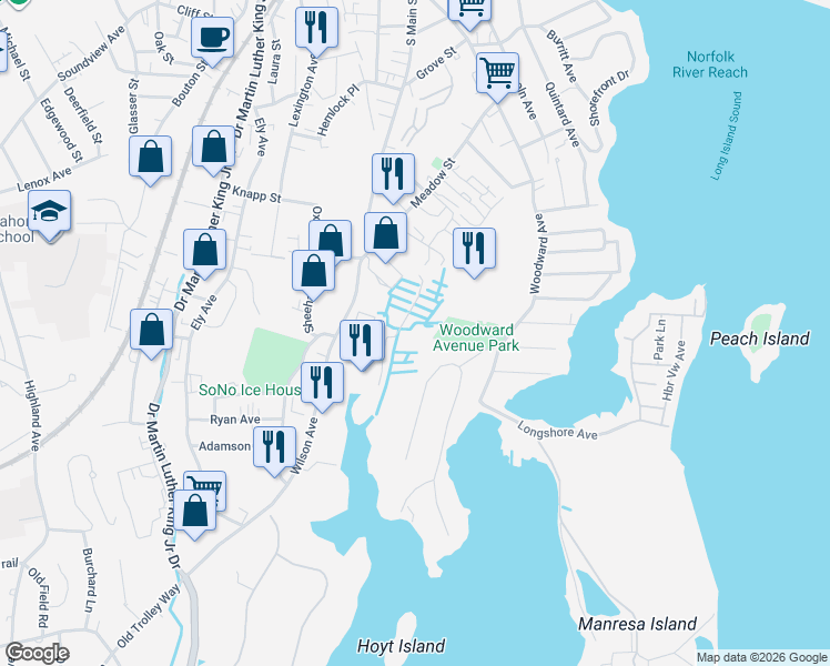 map of restaurants, bars, coffee shops, grocery stores, and more near 8 Splitrock Road in Norwalk