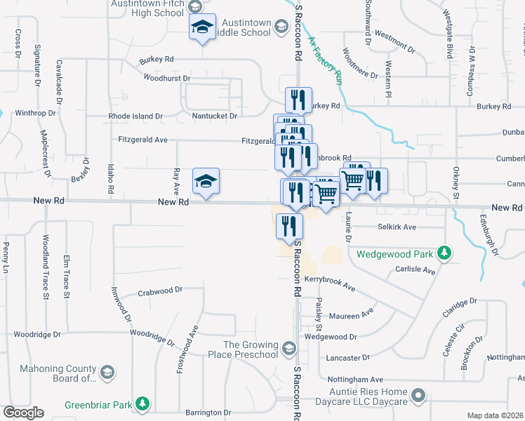 map of restaurants, bars, coffee shops, grocery stores, and more near 4446 New Road in Youngstown