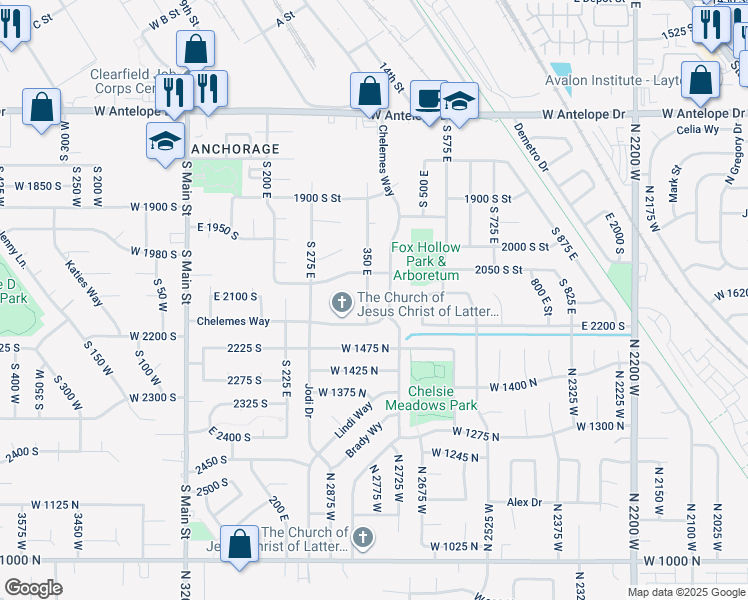 map of restaurants, bars, coffee shops, grocery stores, and more near 2127 South 350 East in Clearfield