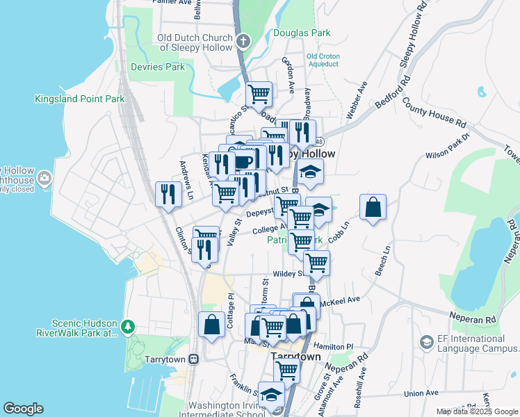 map of restaurants, bars, coffee shops, grocery stores, and more near 47 Depeyster Street in Sleepy Hollow