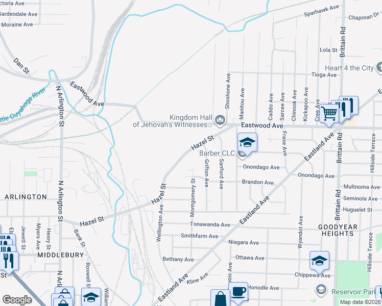 map of restaurants, bars, coffee shops, grocery stores, and more near 1196 Hazel Street in Akron