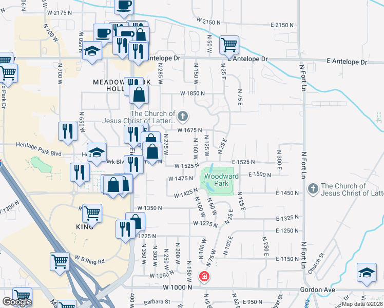 map of restaurants, bars, coffee shops, grocery stores, and more near 1571 North 160 West in Layton