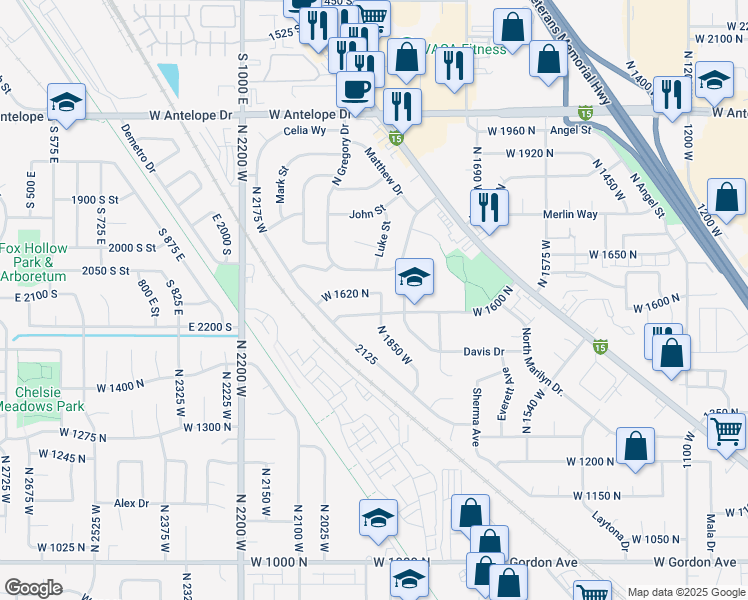 map of restaurants, bars, coffee shops, grocery stores, and more near 1906 West 1620 North in Layton
