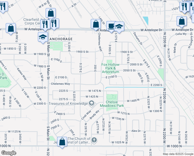 map of restaurants, bars, coffee shops, grocery stores, and more near 2127 South 350 East in Clearfield